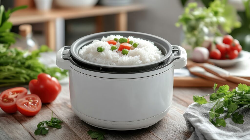 white rice cooker and a bunch of vegetables on the table