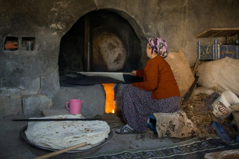 grandma is cooking at the traditional oven
